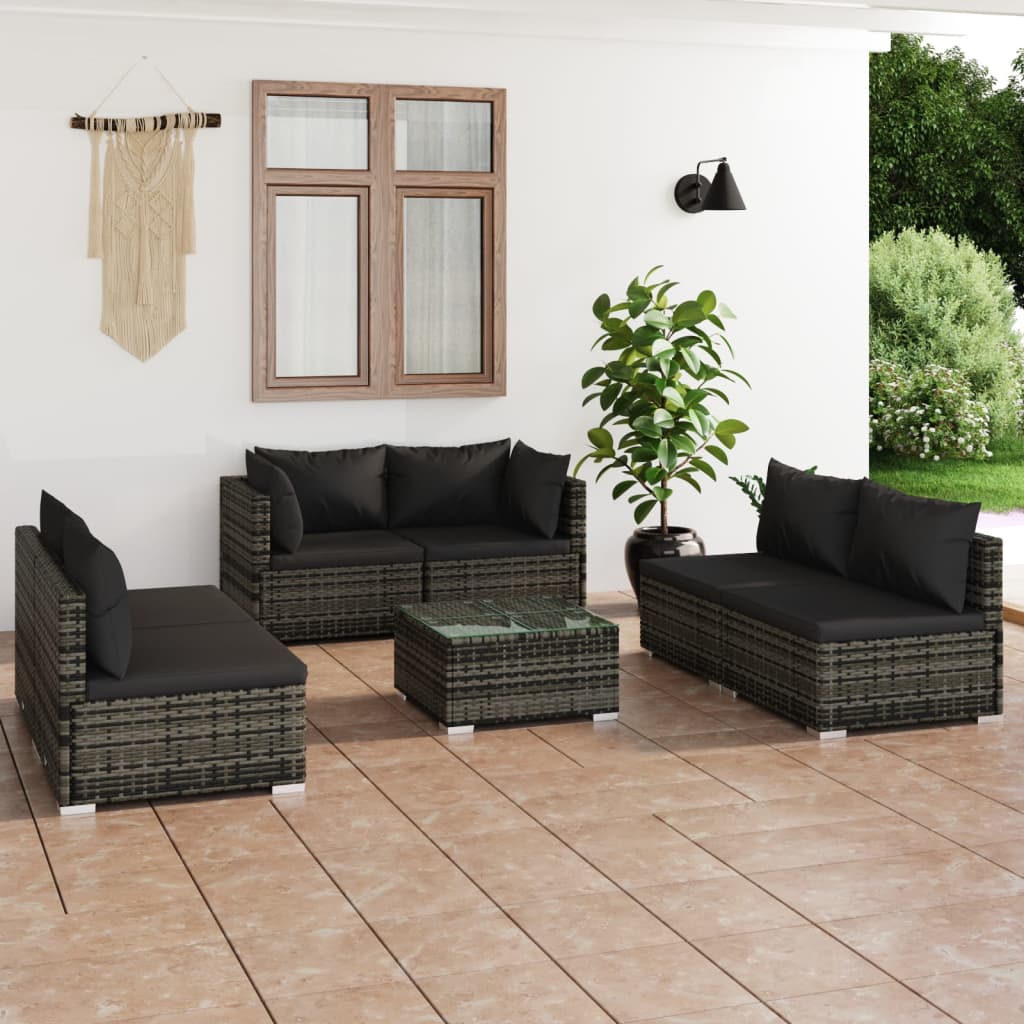 vidaXL Set de muebles de jardín 7 pzas y cojines ratán sintético gris