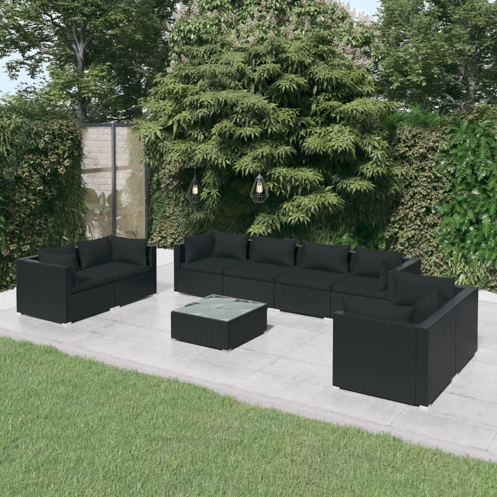 vidaXL Set de muebles de jardín 9 pzas y cojines ratán sintético negro