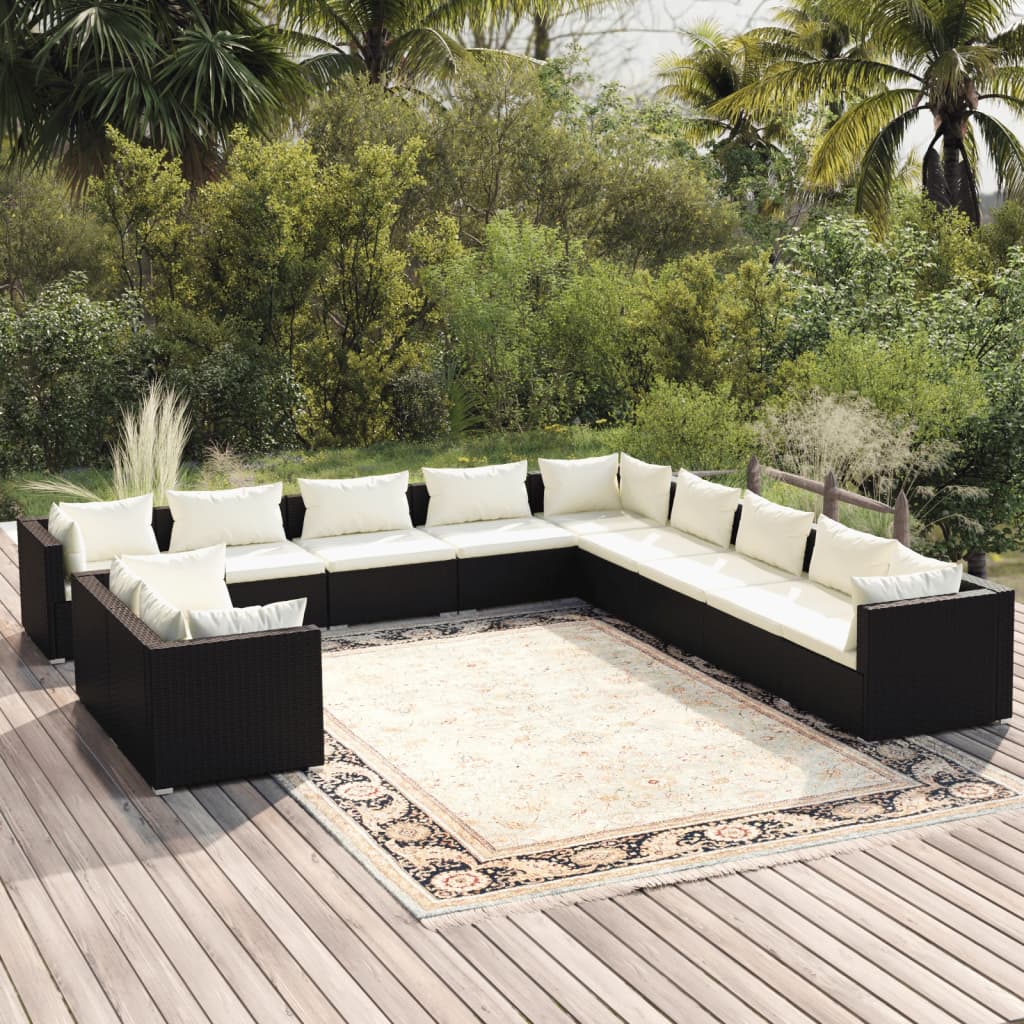 vidaXL Set muebles de jardín 11 pzas y cojines ratán sintético negro