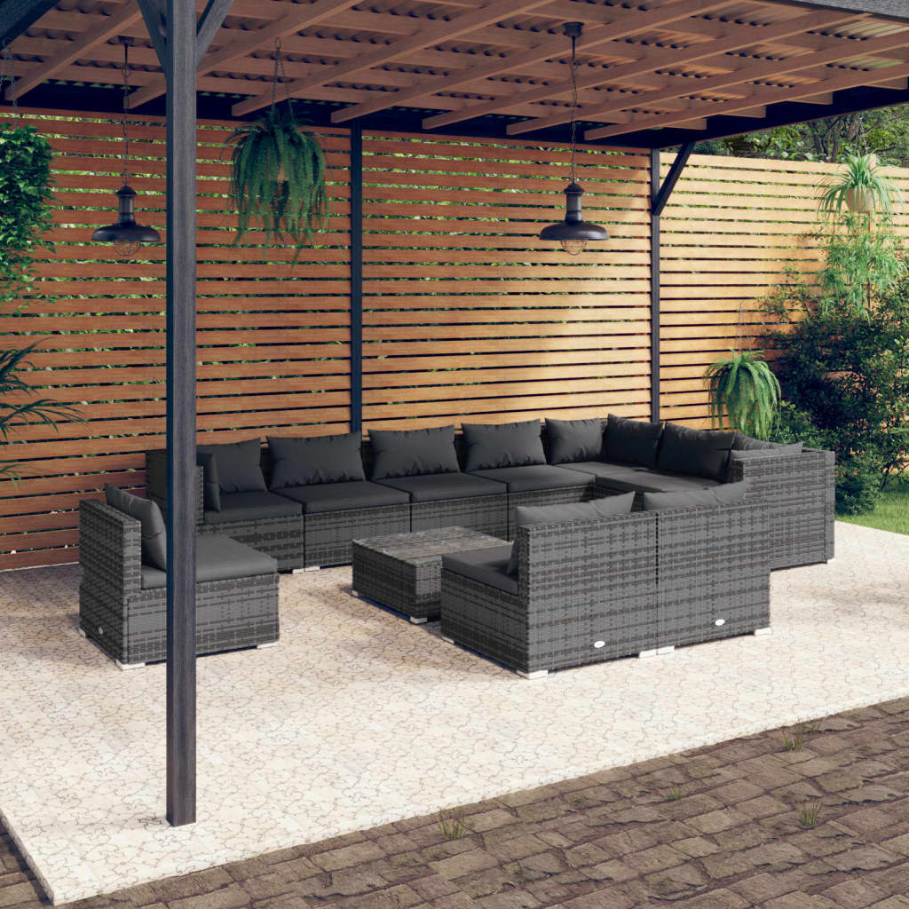 vidaXL Set de muebles de jardín 11 pzas y cojines ratán sintético gris