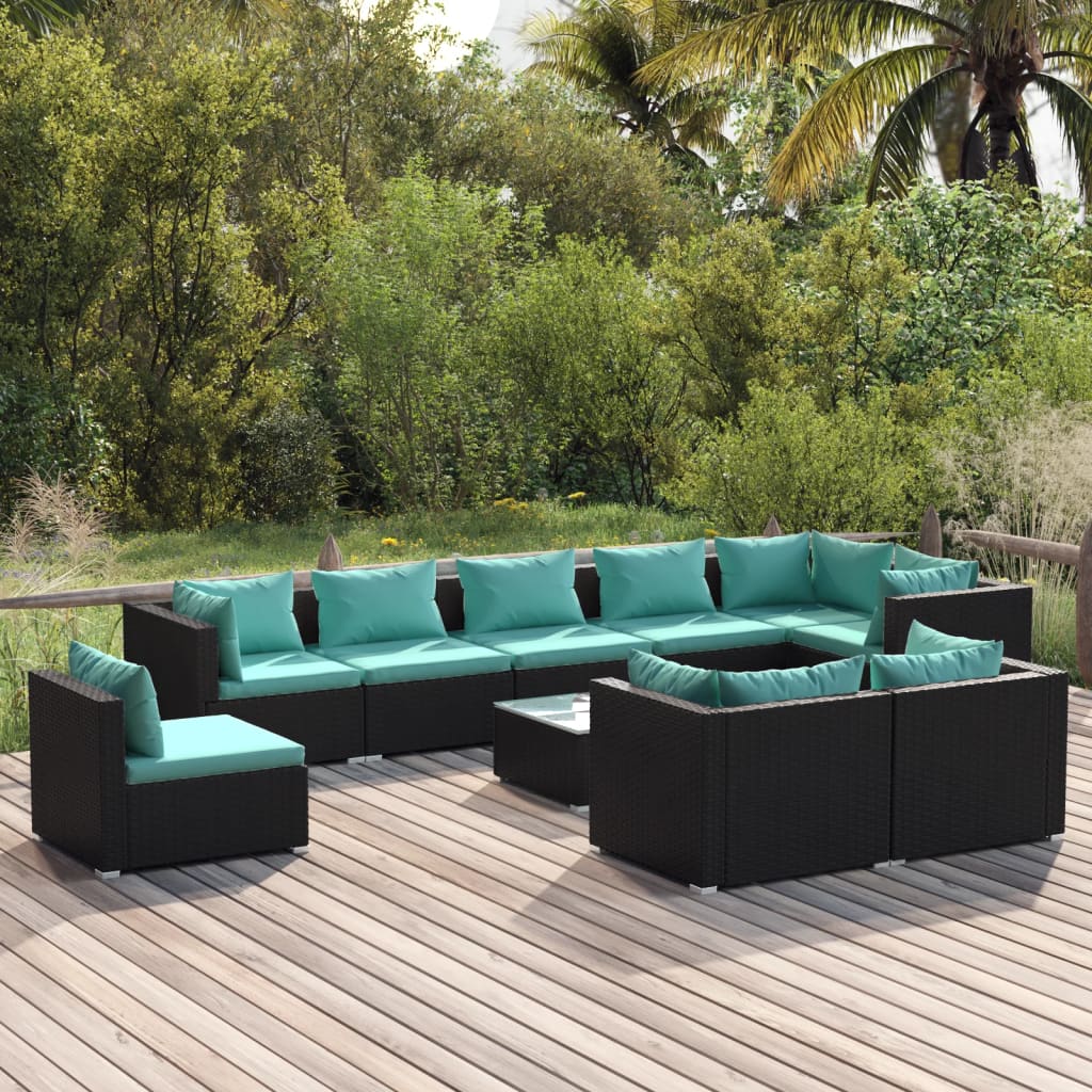 vidaXL Set de muebles de jardín 10 pzs y cojines ratán sintético negro