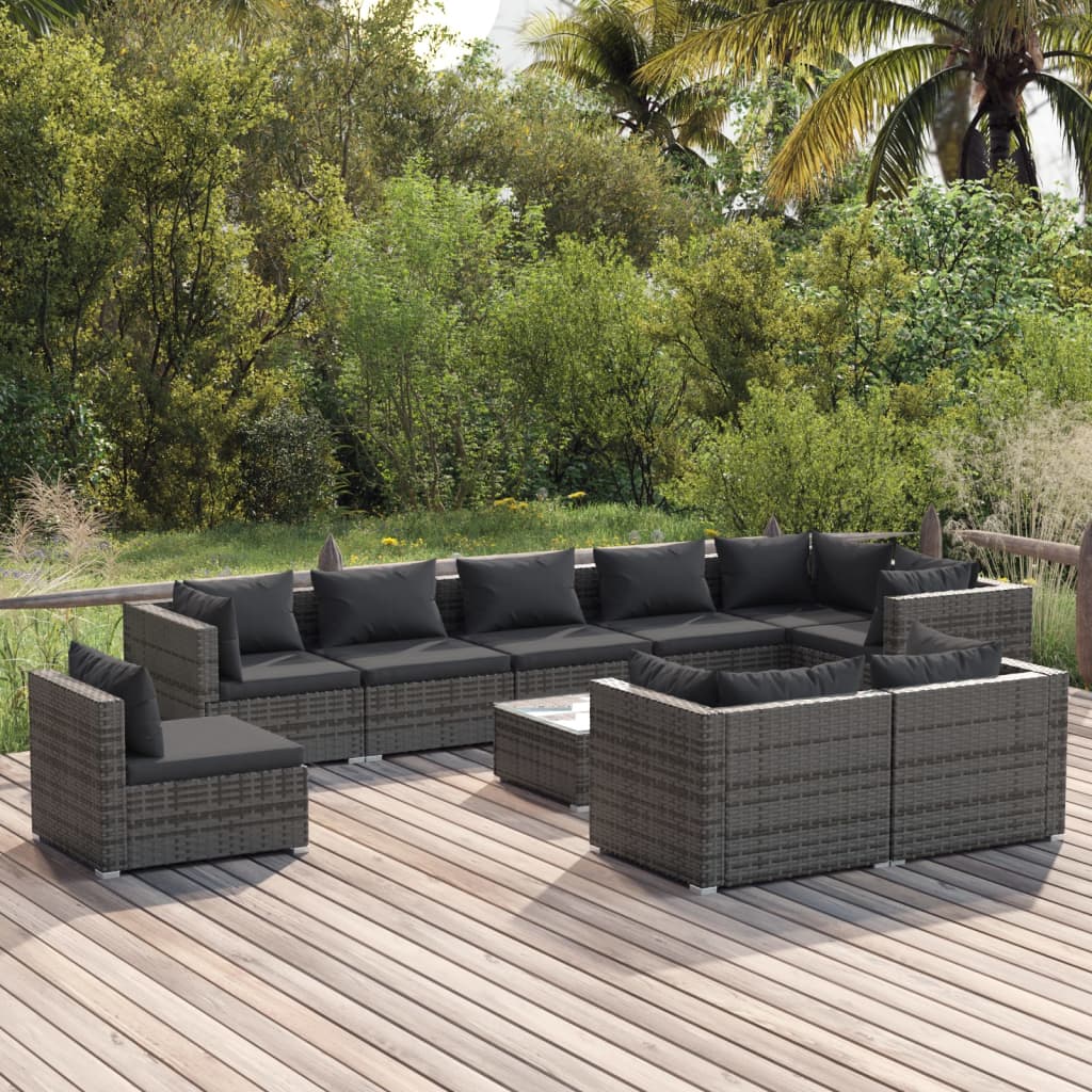 vidaXL Set de muebles de jardín 10 pzas y cojines ratán sintético gris