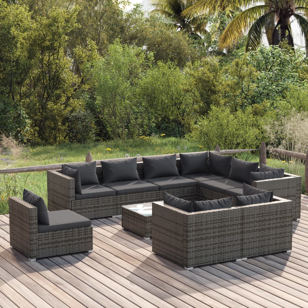 vidaXL Set de muebles de jardín 10 pzas y cojines ratán sintético gris