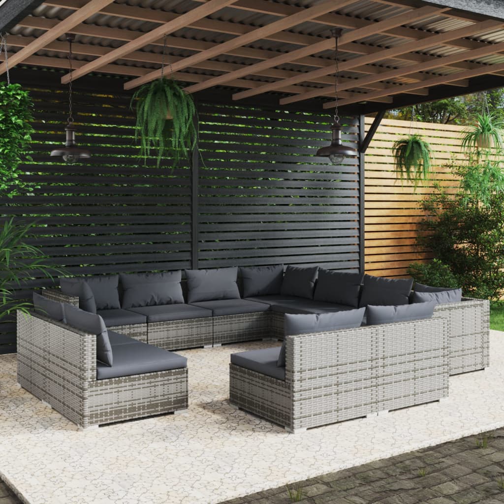 vidaXL Set de muebles de jardín 11 pzas cojines ratán sintético gris