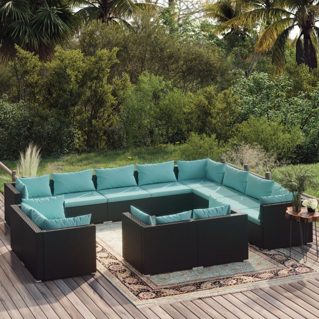 vidaXL Set de muebles de jardín 12 pzas cojines ratán sintético negro