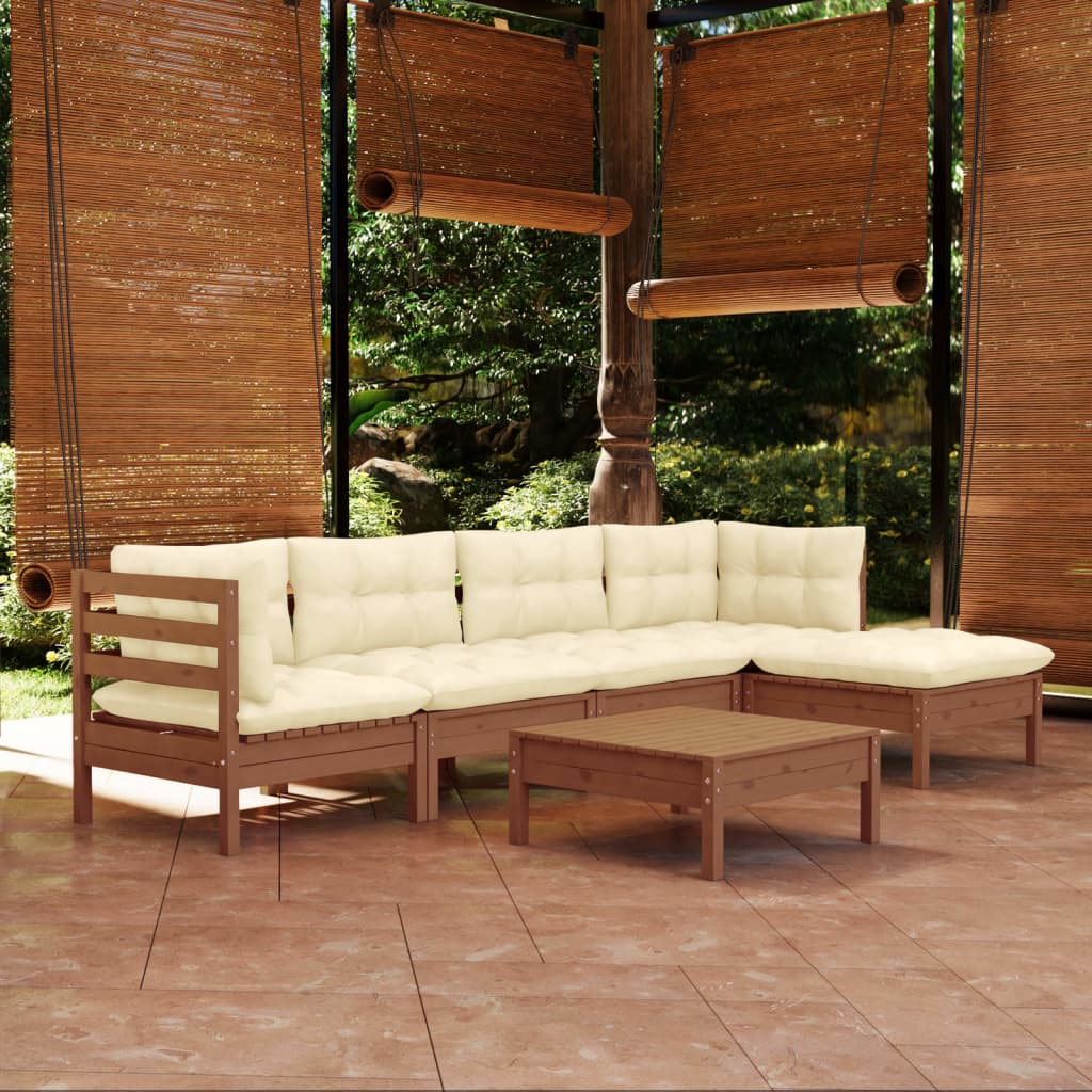 vidaXL Muebles de jardín 6 pzas y cojines madera de pino marrón miel