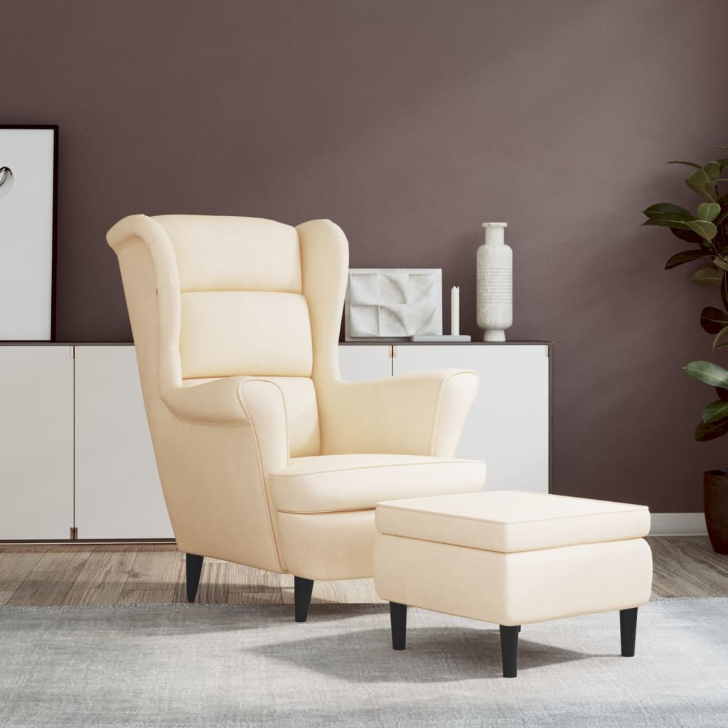 vidaXL Sillón orejero y taburete de terciopelo crema