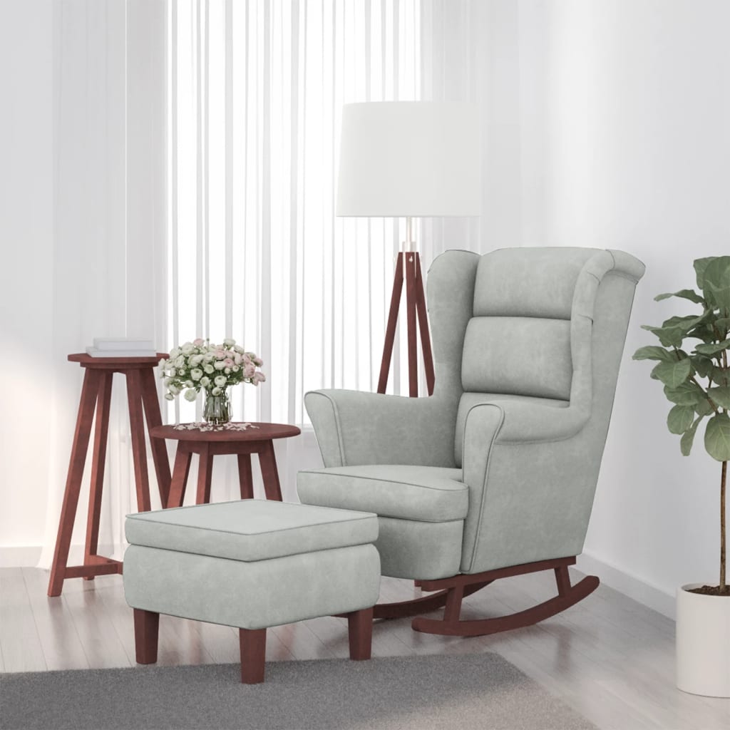 vidaXL Sillón mecedora patas madera y taburete terciopelo gris claro