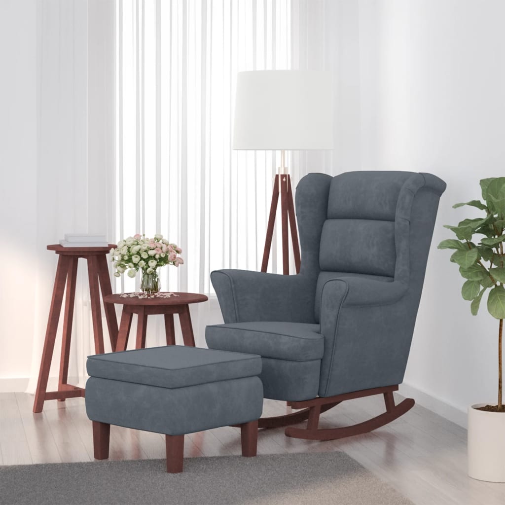 vidaXL Sillón mecedora patas madera y taburete terciopelo gris oscuro