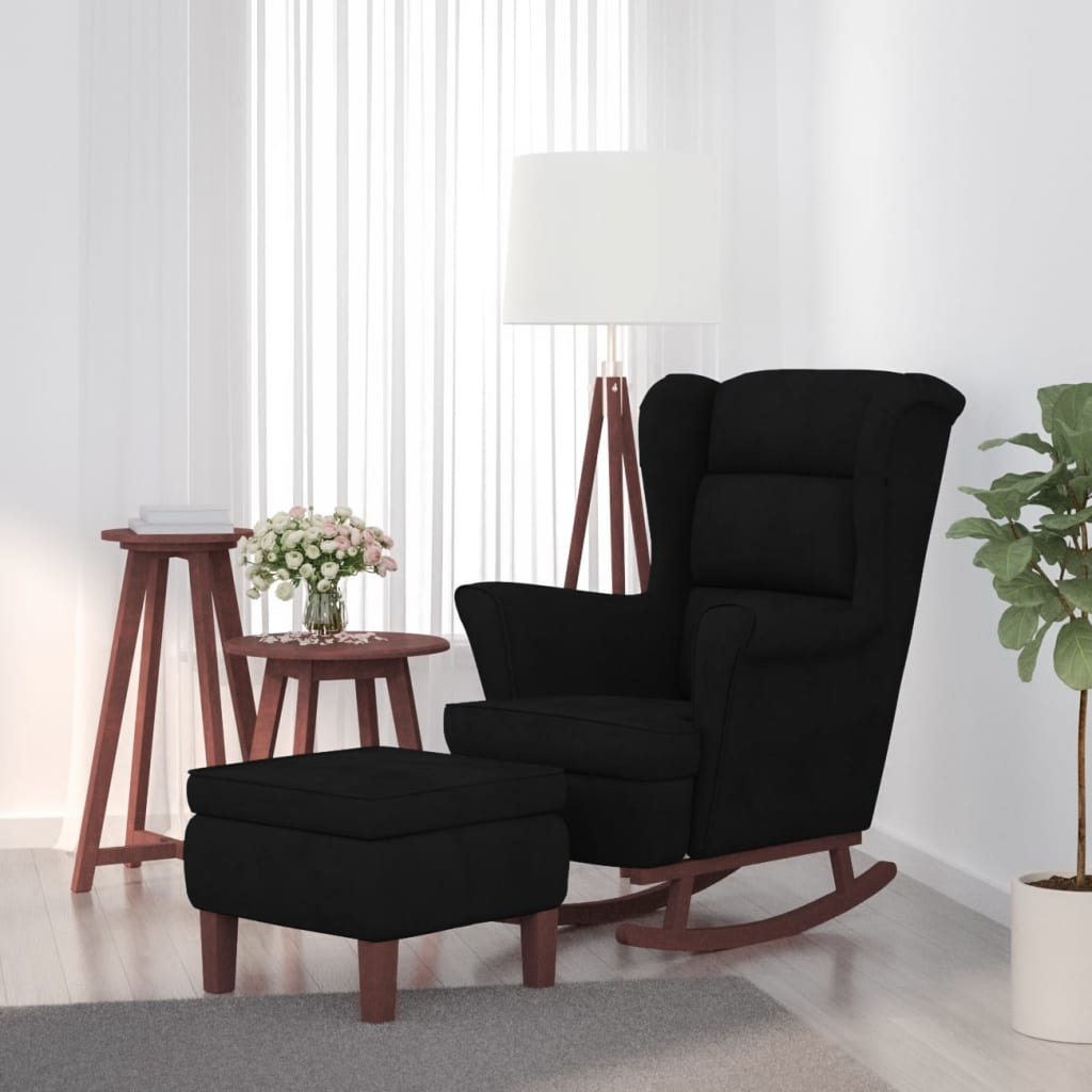 vidaXL Sillón mecedora patas madera y taburete terciopelo negro