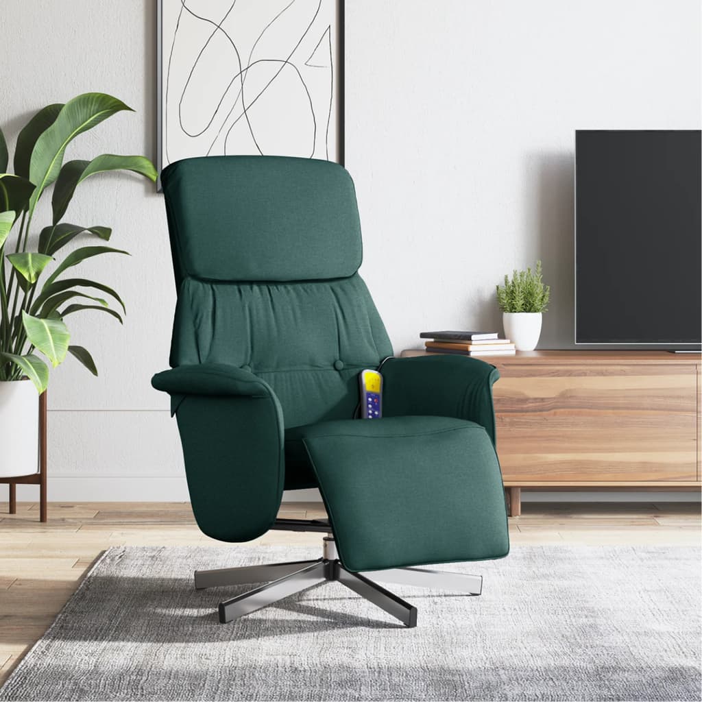 vidaXL Sillón reclinable de masaje con reposapiés tela verde oscuro