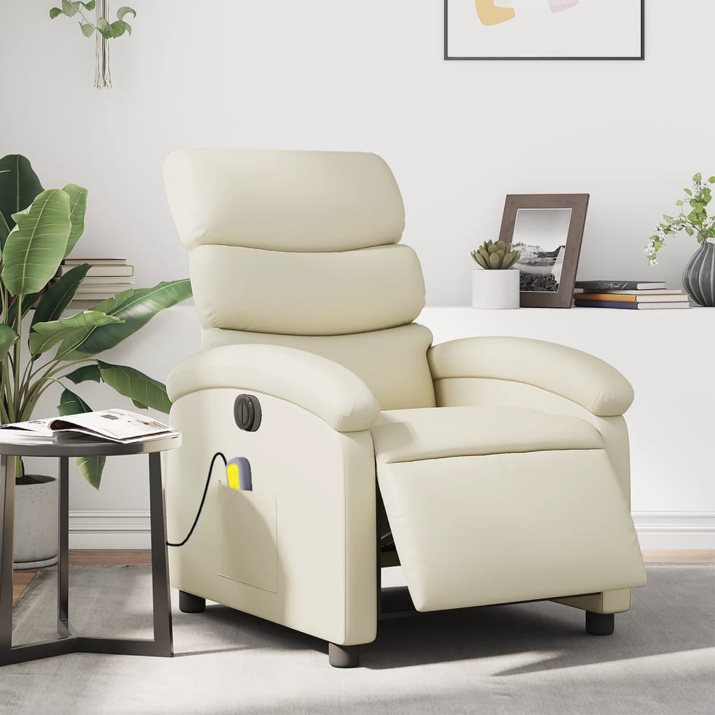 vidaXL Sillón de masaje reclinable eléctrico cuero sintético crema