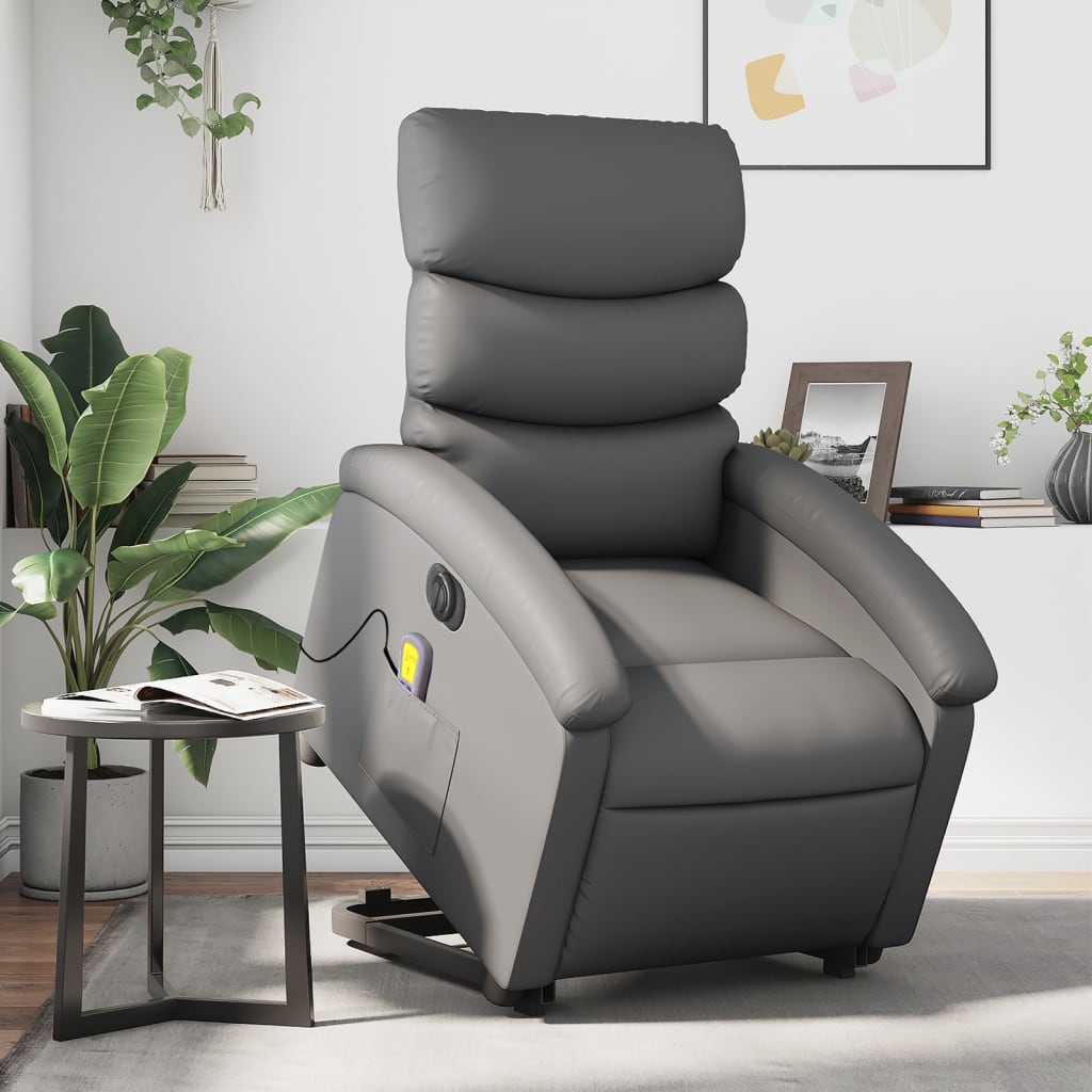 vidaXL Sillón de masaje elevable eléctrico cuero sintético gris