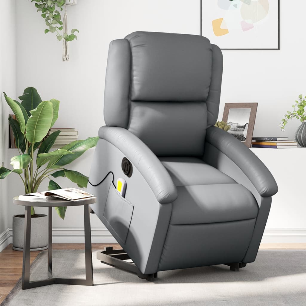 vidaXL Sillón de masaje elevable eléctrico cuero sintético gris