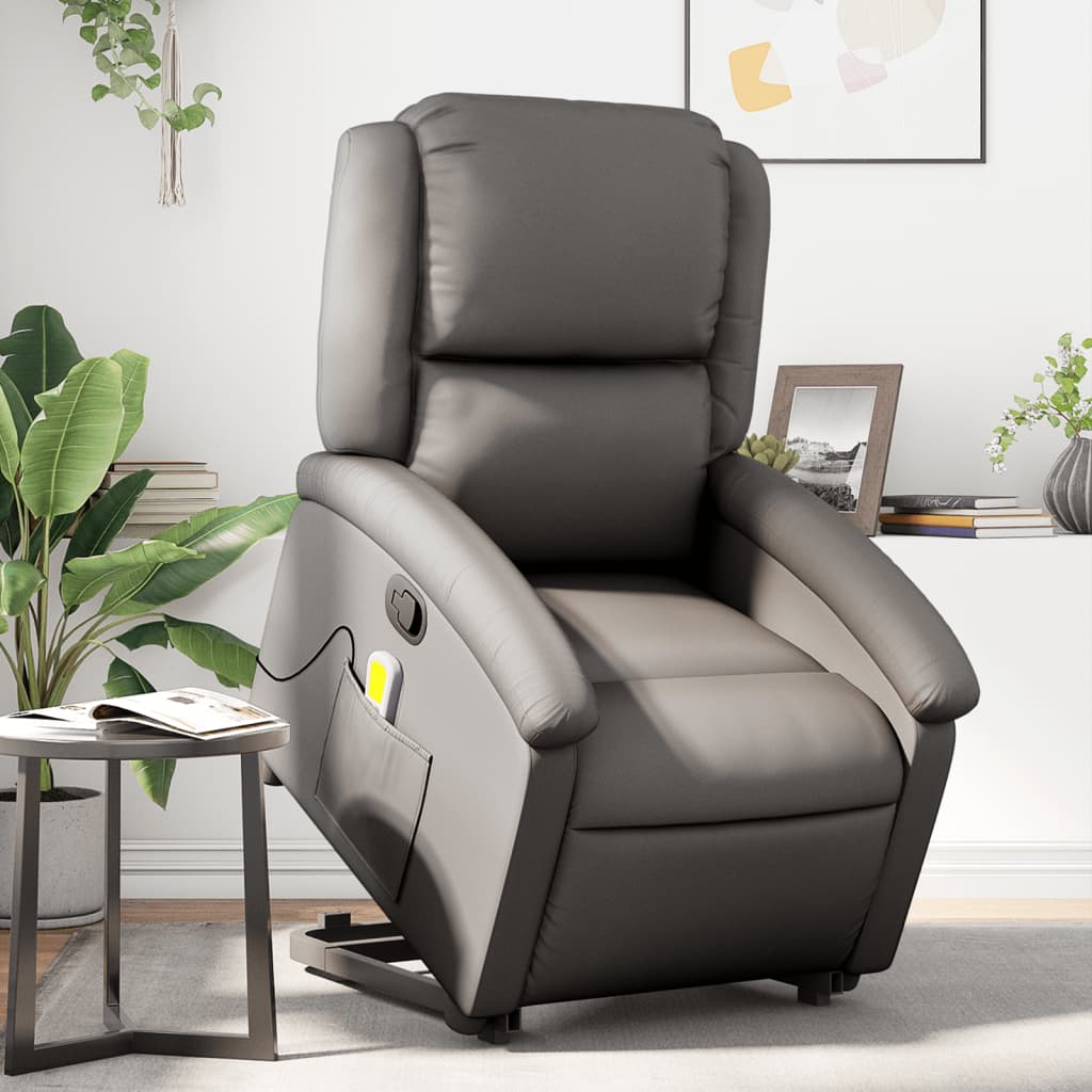 vidaXL Sillón reclinable de masaje elevable cuero auténtico gris