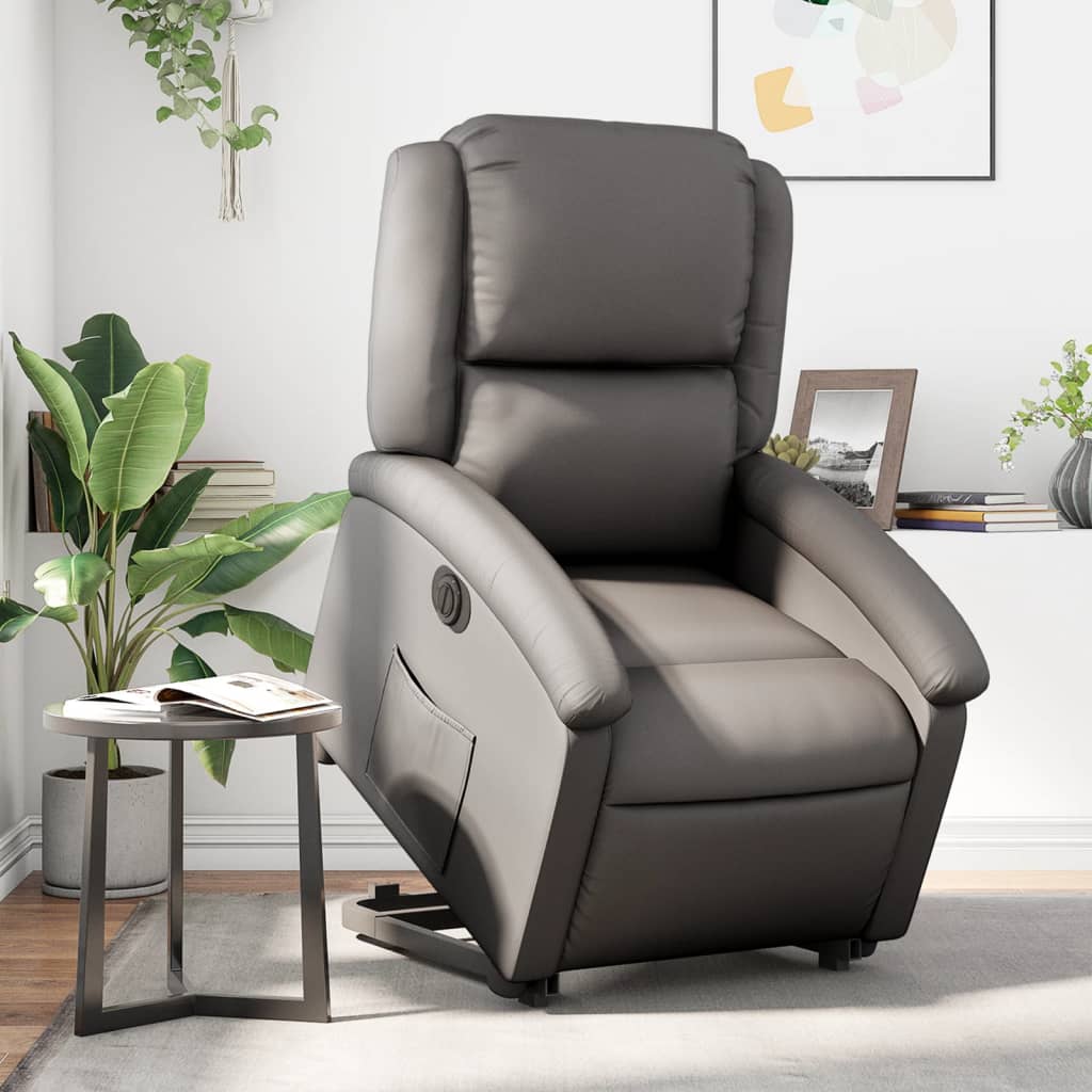 vidaXL Sillón reclinable eléctrico elevable cuero auténtico gris