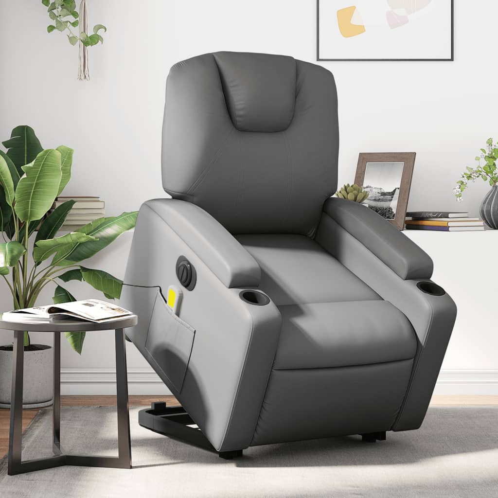 vidaXL Sillón de masaje elevable eléctrico cuero sintético gris