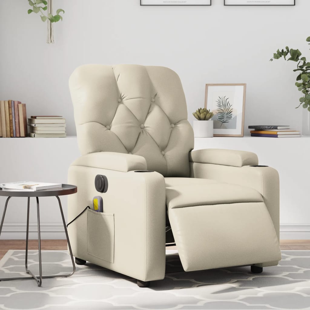 vidaXL Sillón de masaje reclinable eléctrico cuero sintético crema