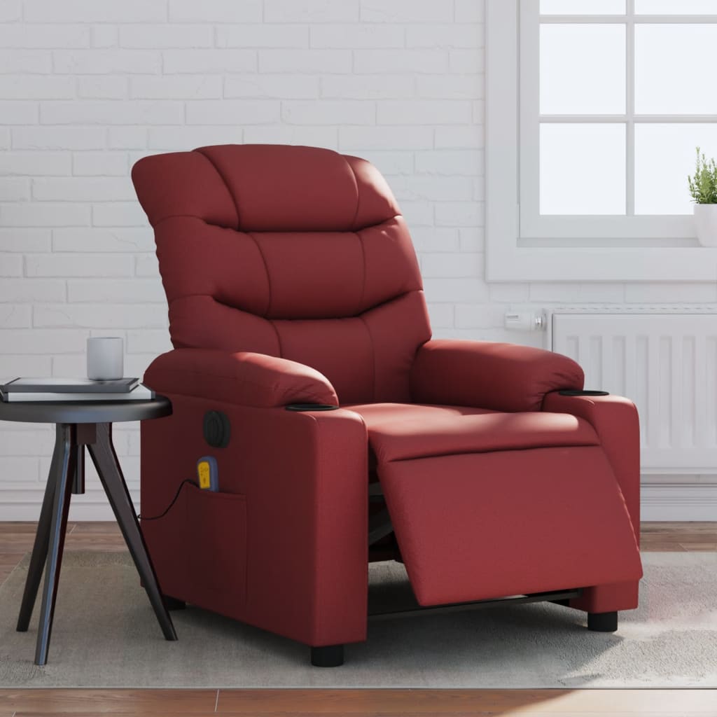 vidaXL Sillón masaje reclinable eléctrico cuero sintético rojo tinto