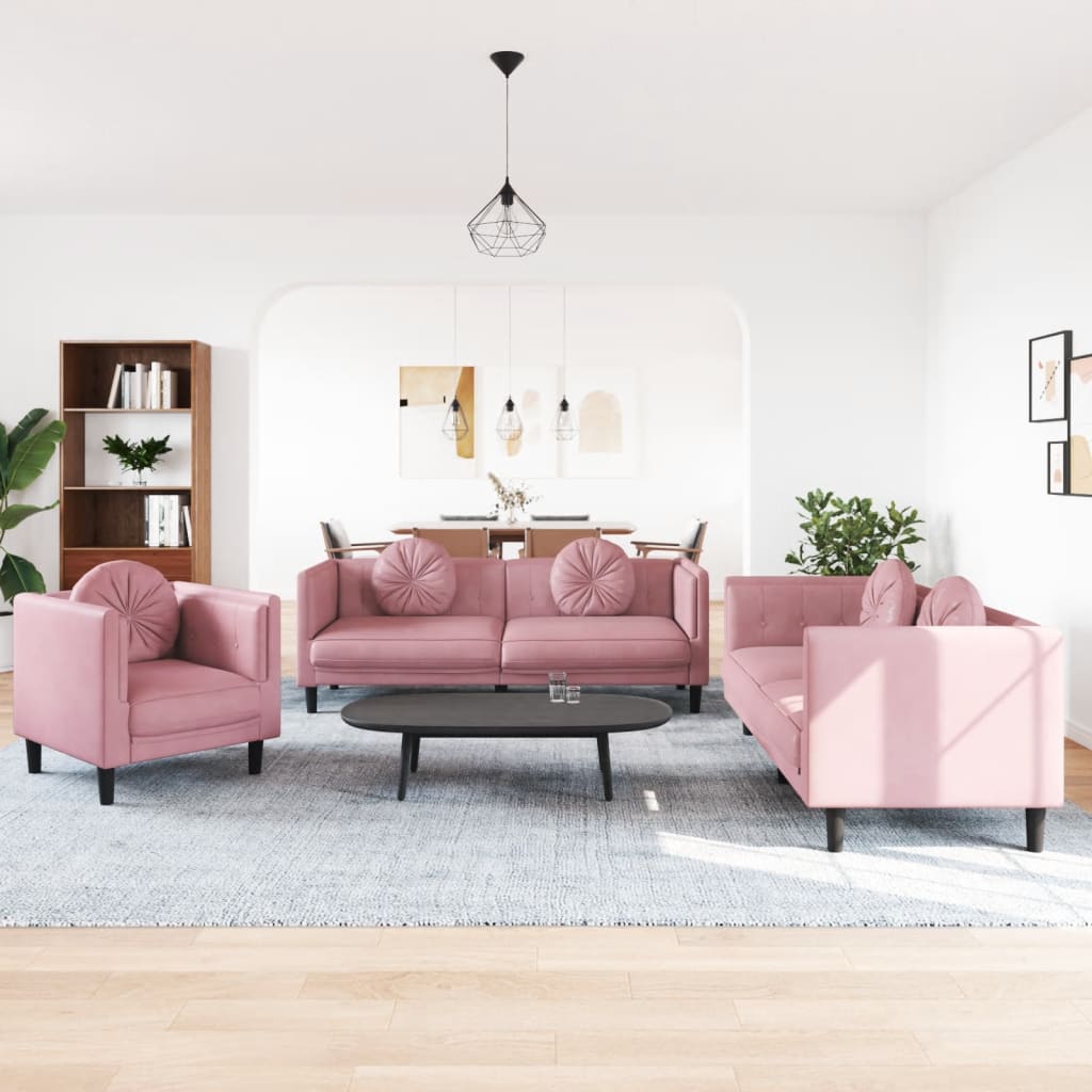 vidaXL Juego de sofás con cojines 3 piezas terciopelo rosa