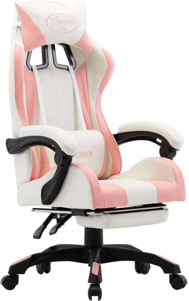 vidaXL Silla gaming con reposapiés cuero sintético rosa y blanco