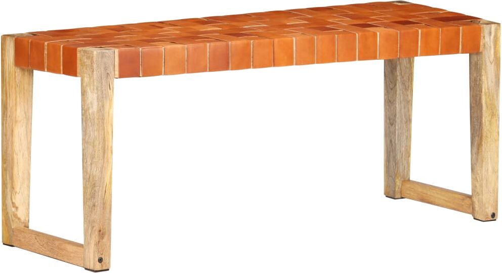 vidaXL Banco de cuero auténtico marrón y madera de mango maciza 110 cm