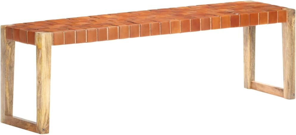 vidaXL Banco de cuero auténtico marrón y madera de mango maciza 150 cm