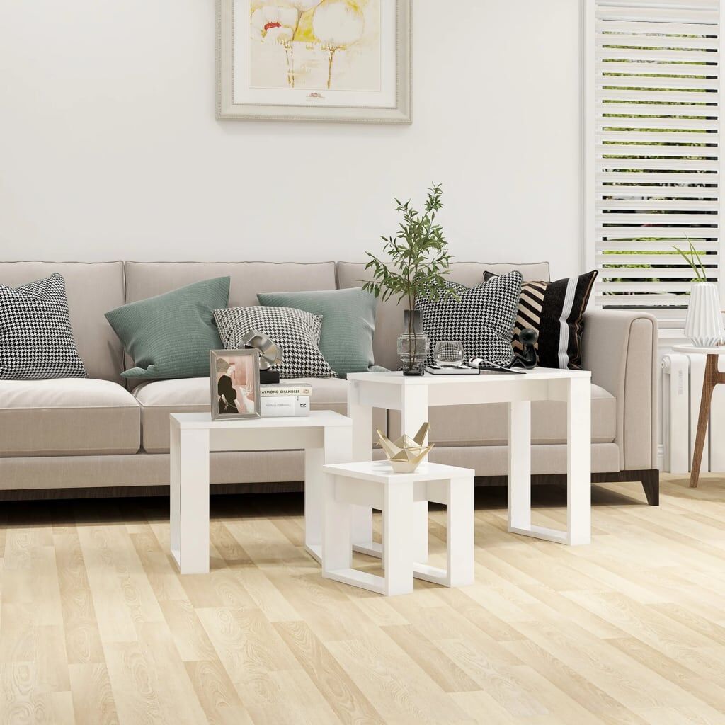 vidaXL Mesas apilables 3 piezas madera contrachapada blanco