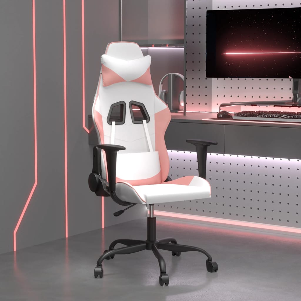 vidaXL Silla gaming de masaje cuero sintético blanco y rosa