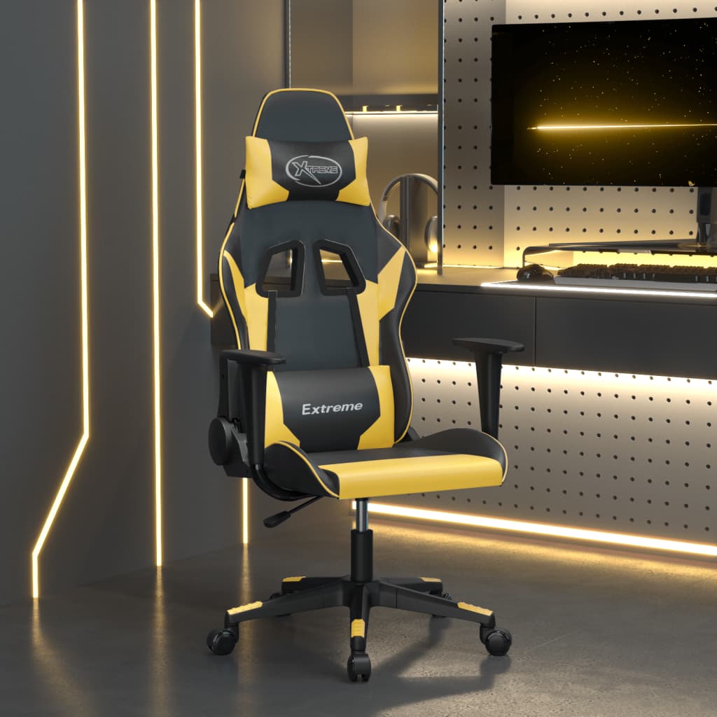 vidaXL Silla gaming de masaje cuero sintético negro y dorado