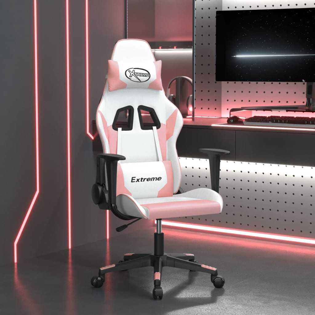 vidaXL Silla gaming de masaje cuero sintético blanco y rosa