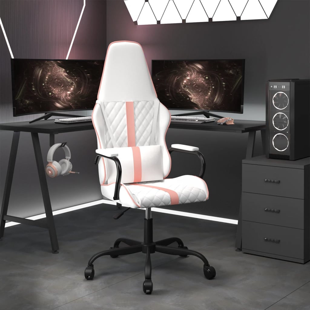 vidaXL Silla gaming con masaje cuero sintético rosa y blanco