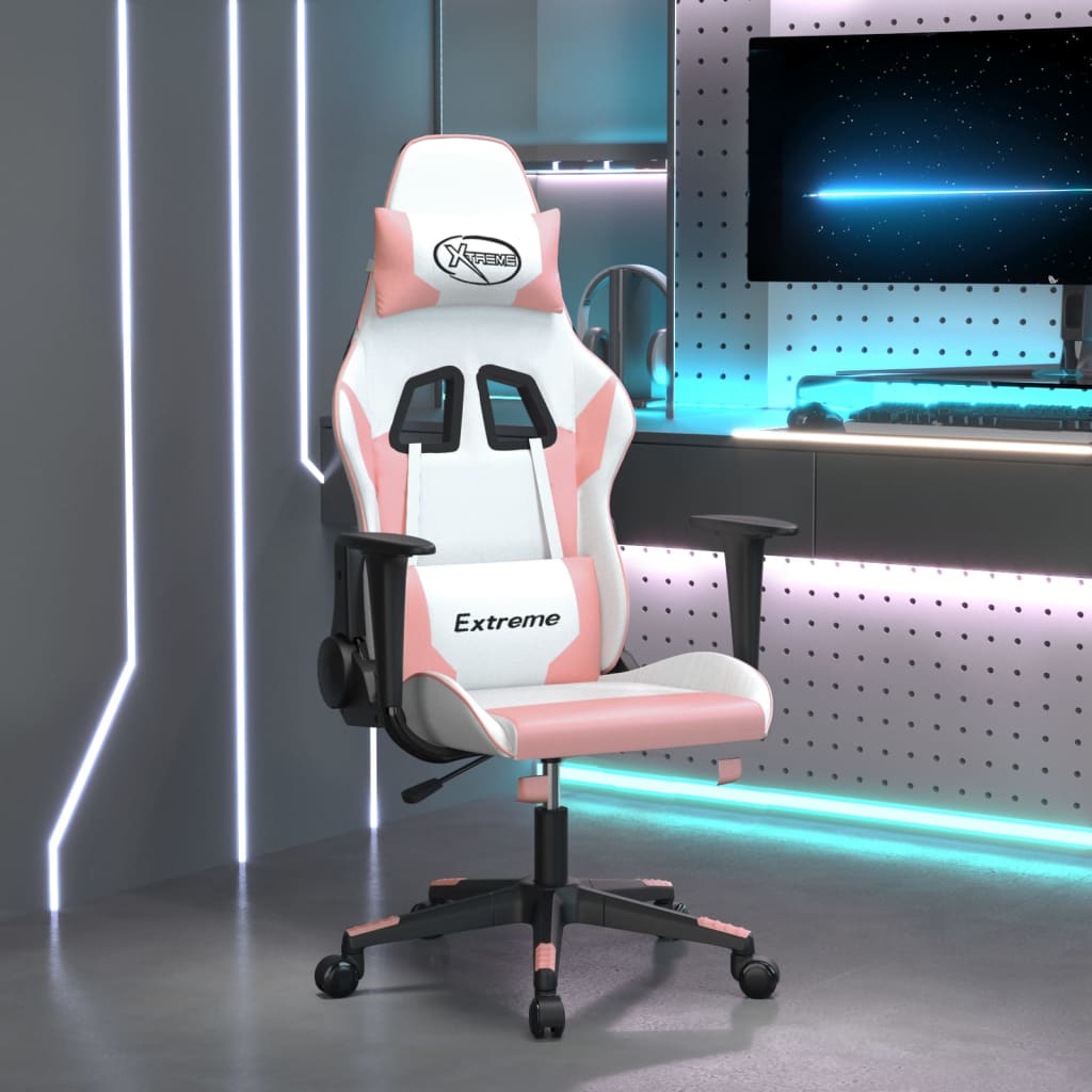 vidaXL Silla gaming cuero sintético blanco y rosa