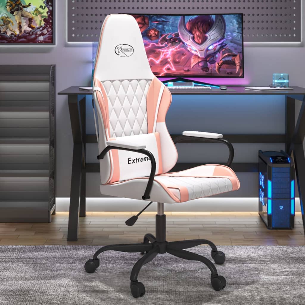 vidaXL Silla gaming cuero sintético blanco y rosa