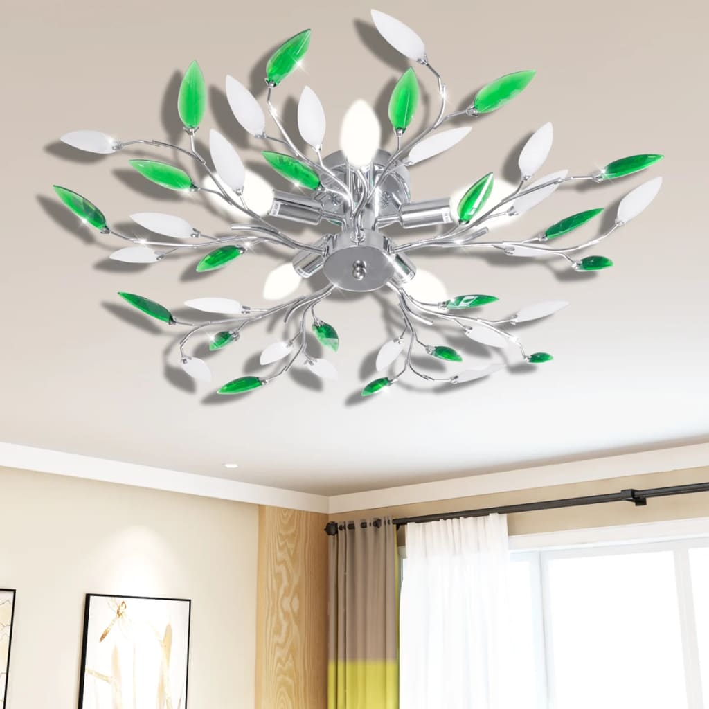vidaXL Lámpara de techo cristal forma de hoja 5 E14 verde y blanca