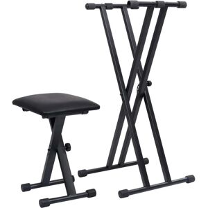 vidaXL Set de soporte para teclado con doble refuerzo y taburete negro