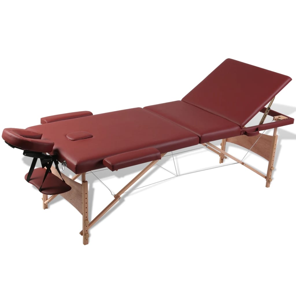 vidaXL Mesa camilla de masaje de madera plegable de tres cuerpos rojos