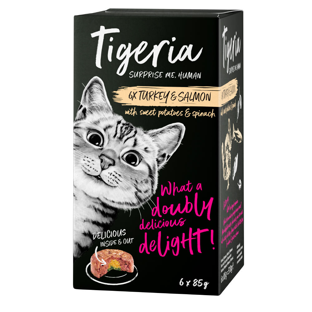 Tigeria 24 x 85 g comida húmeda para gatos - Pavo y salmón con relleno de boniato y espinacas