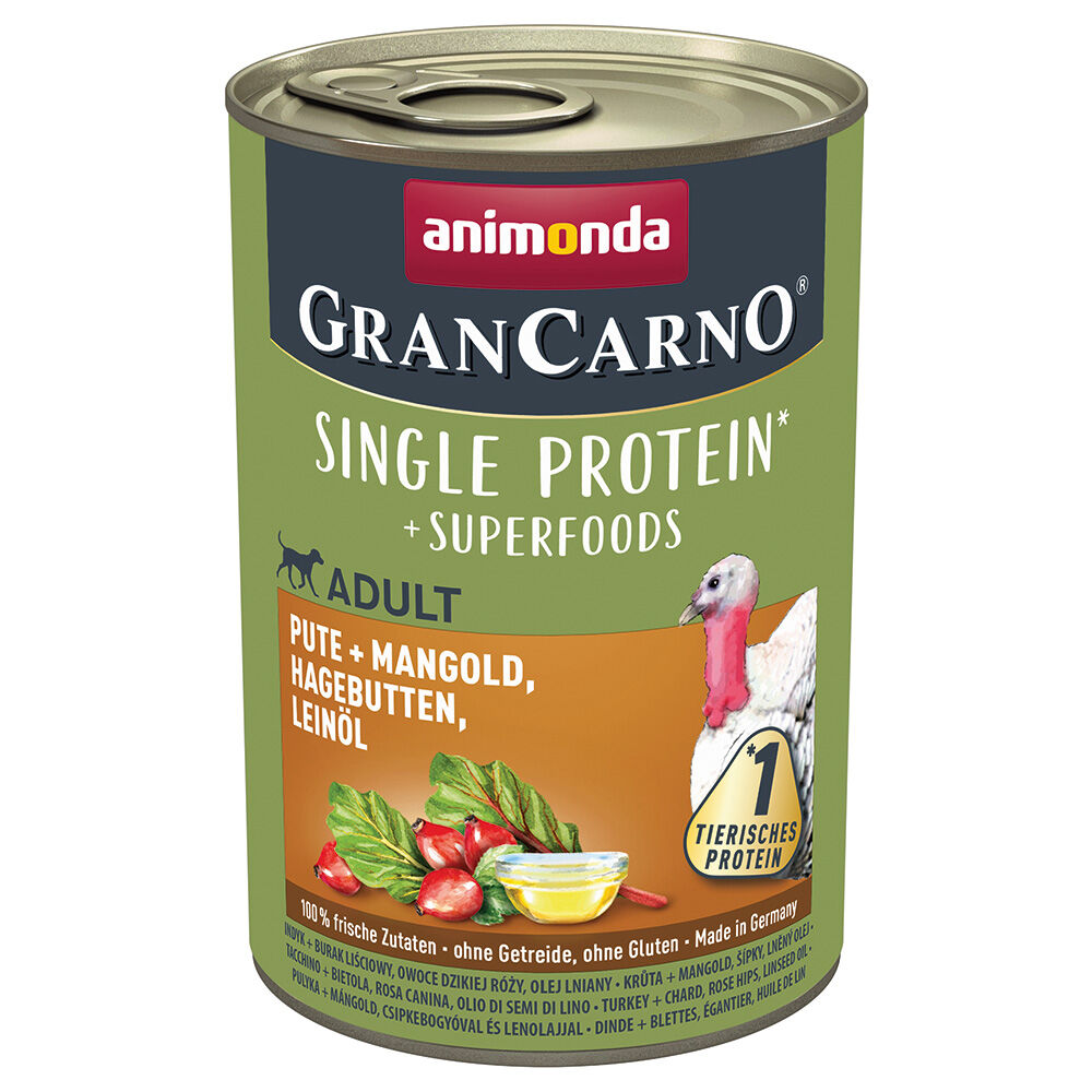 Animonda GranCarno Superfoods Adult 6 x 400 g - Pavo con acelgas, escaramujo, aceite de linaza