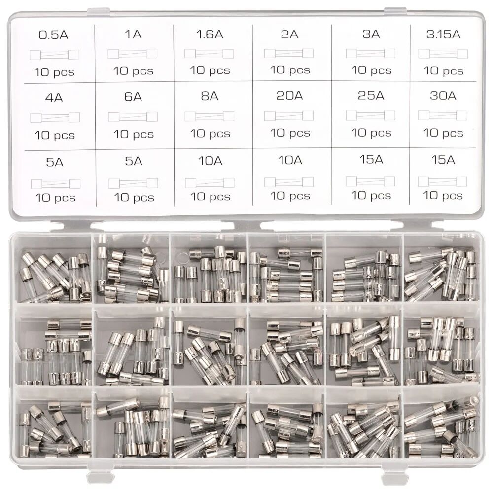 Asta Surtido con 180 fusibles de tubo 20 x 5mm.   0.5 - 30 A (Fusibles de vidrio rápido)