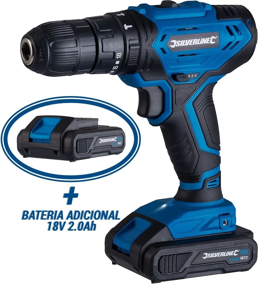 Silverline Taladro percutor combinado con 2 baterías 2Ah 18V