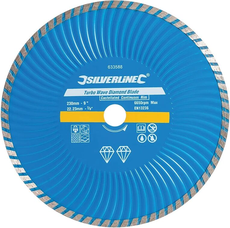 Silverline Disco diamantado para corte en hormigón Turbo Wave - 230 x 22.23 mm.   Borde contínuo acanalado.