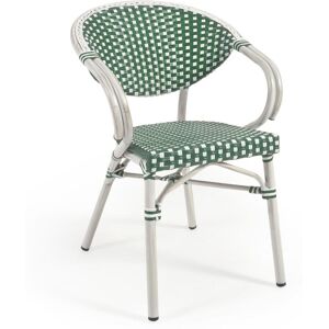 Silla de exterior con brazos bistro Marilyn de aluminio y ratán sintético verde y blanco