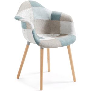 Silla Kevya de patchwork azul y patas de madera maciza de haya