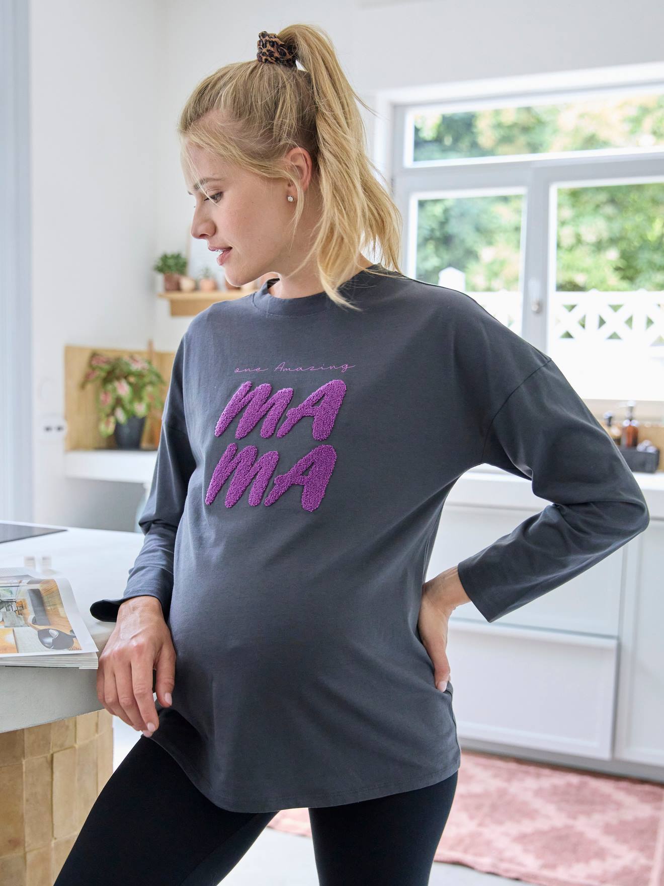 VERTBAUDET Camiseta con mensaje para embarazo gris oscuro