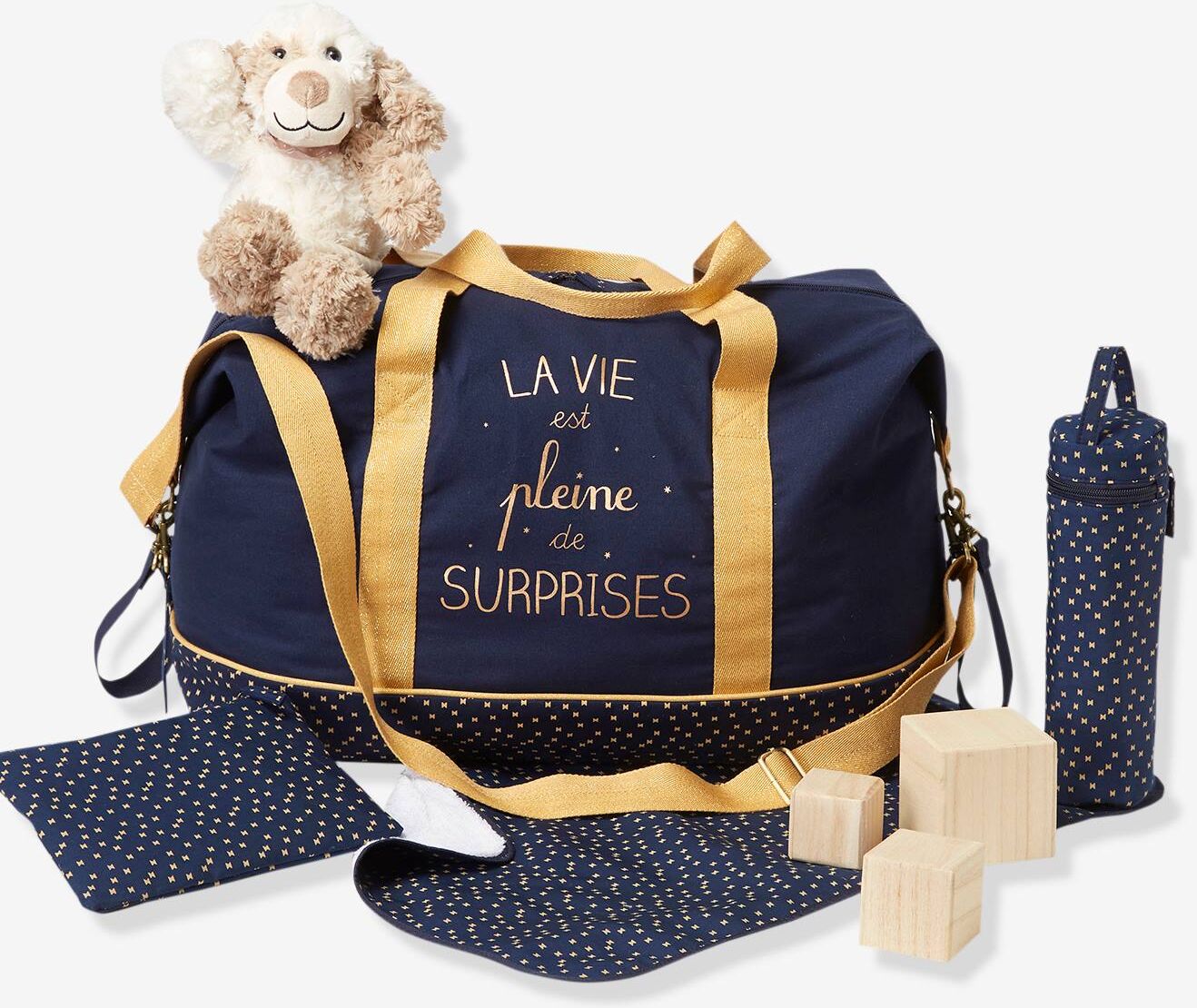 VERTBAUDET Bolso cambiador fin de semana «La vie est pleine de surprises» azul oscuro liso