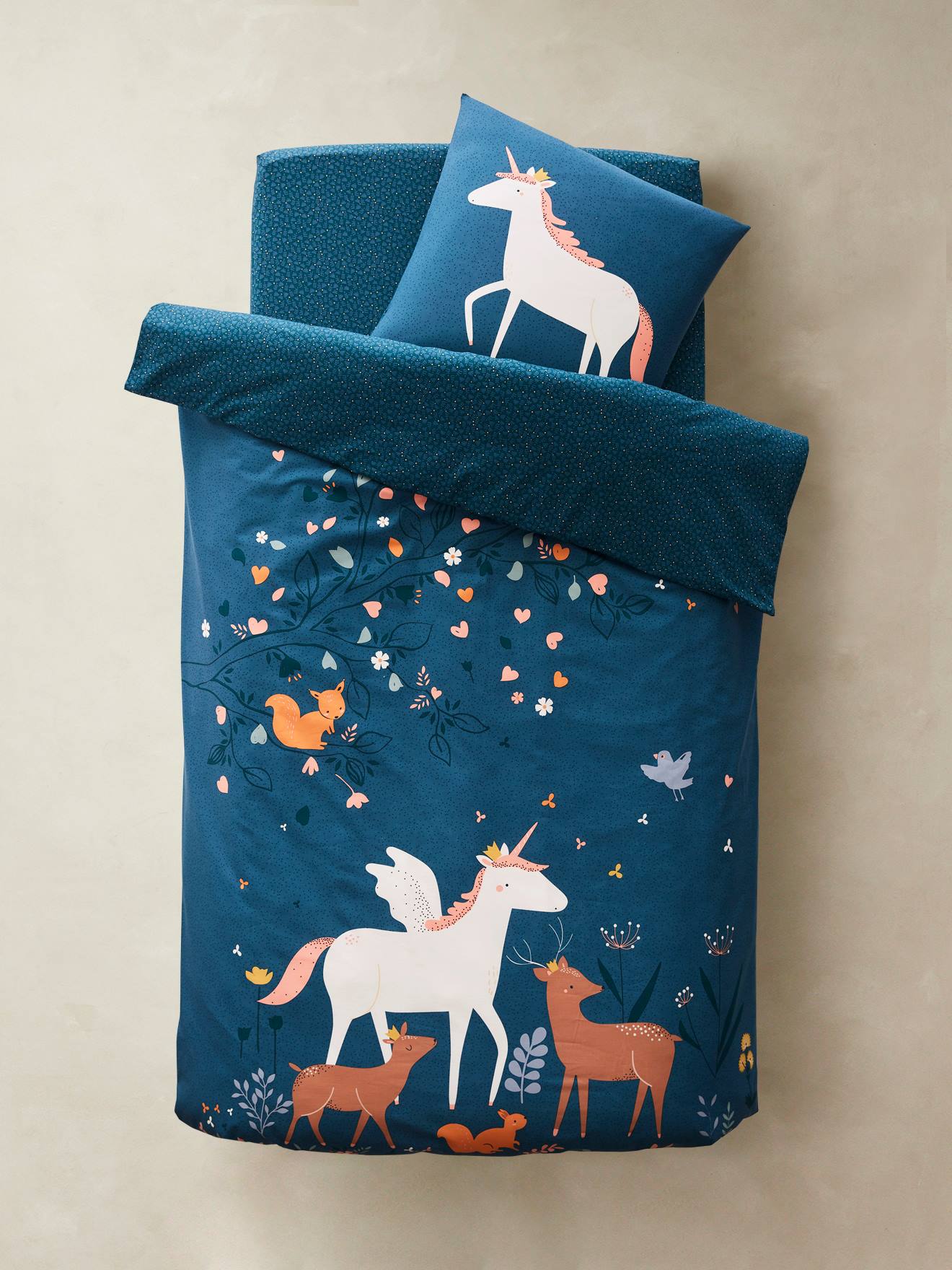VERTBAUDET Conjunto de funda nórdica + funda de almohada infantil Bosque encantado azul oscuro liso con motivos