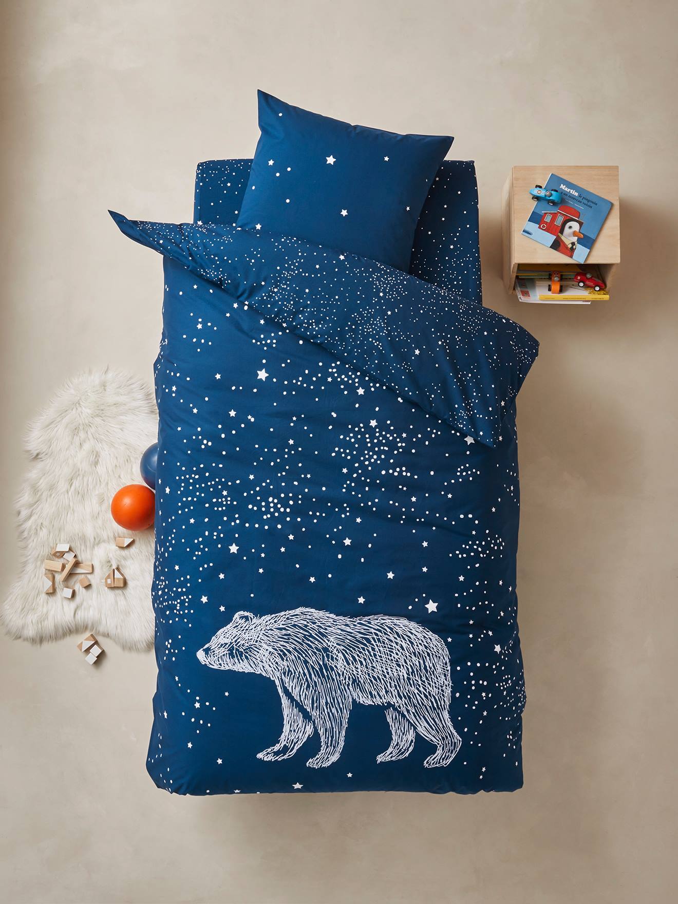 VERTBAUDET Conjunto de funda nórdica con detalles fluorescentes + funda de almohada infantil Ours Polaire azul oscuro liso con motivos