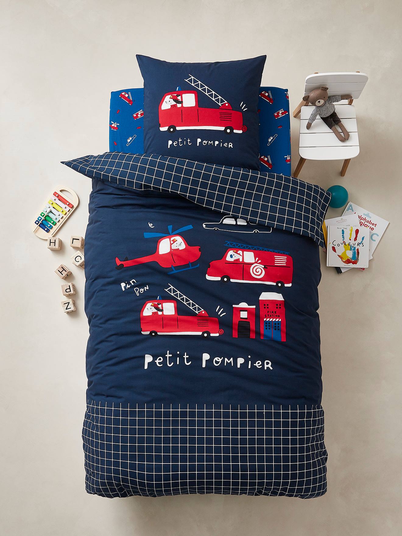 VERTBAUDET Conjunto de funda nórdica + funda de almohada infantil Petit Pompier azul oscuro liso con motivos