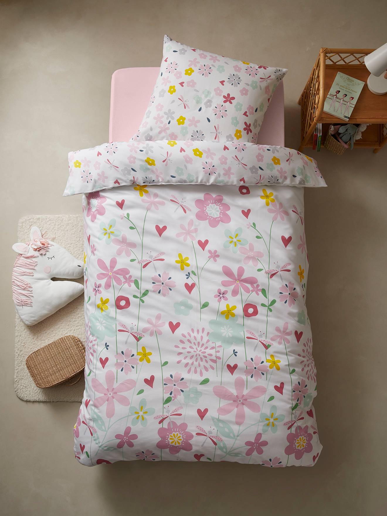 VERTBAUDET Conjunto funda nórdica + funda de almohada infantil FLORES Y ALAS blanco claro liso con motivos